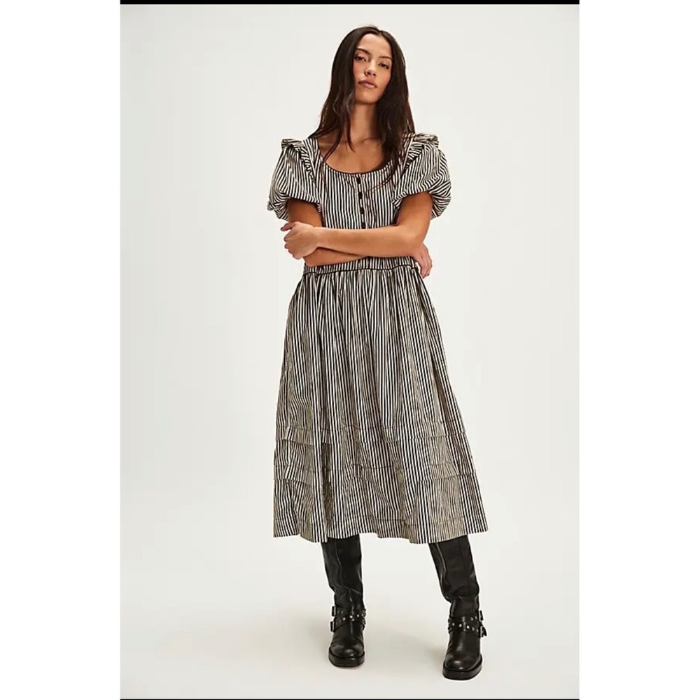Free People Collier Cord Midi Dress Striped Drop Waist Puff Sleeve Bow Back - Picture 2 of 9